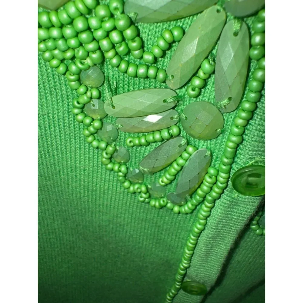 TALBOTS SWEATER CARDIGAN Green Beaded 3/4 Sleeves‎ Small Petite